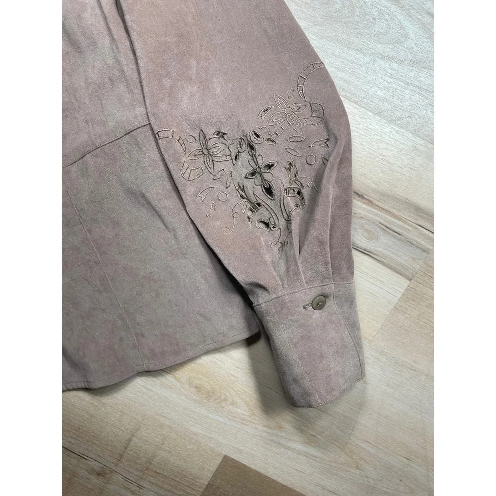 Norton McNaughton Womens Faux Suede Embroidered Button Down Shirt Taupe Size 8 - Picture 6 of 9